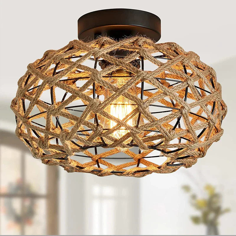 Plafonnier Rustique Rétro en Corde de Chanvre et Fer Tressage À La Main - Décoration Salle À Manger