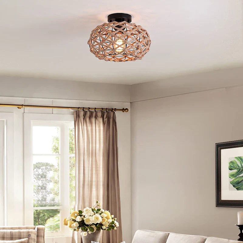 Plafonnier Rustique Rétro en Corde de Chanvre et Fer Tressage À La Main - Décoration Salle À Manger