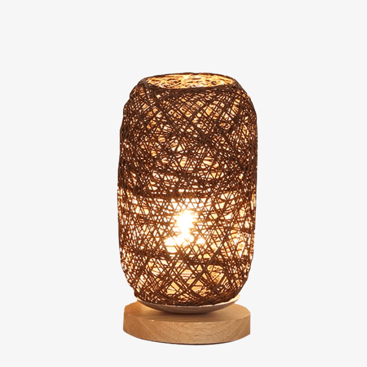 Lampe à poser LED en rotin avec socle bois & abat-jour rond