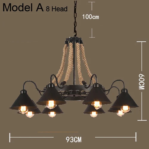 Lustre vintage en corde de chanvre avec abat-jour en fer pour bars et cafés - Style Bohème Industriel