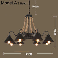 Lustre vintage en corde de chanvre avec abat-jour en fer pour bars et cafés - Style Bohème Industriel