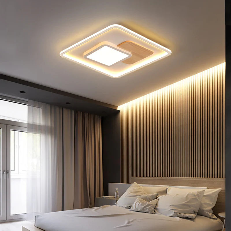 Plafonnier rond moderne en bois véritable avec LEDs décoratives - Éclat Naturel