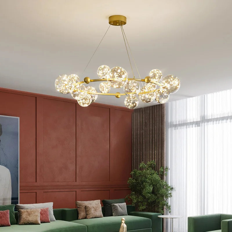 Lustre de luxe moderne avec anneaux LED et boule de verre de qualité supérieure