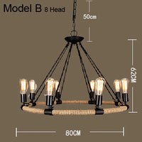 Lustre vintage en corde de chanvre avec abat-jour en fer pour bars et cafés - Style Bohème Industriel