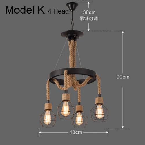 Lustre vintage en corde de chanvre avec abat-jour en fer pour bars et cafés - Style Bohème Industriel