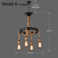 Lustre vintage en corde de chanvre avec abat-jour en fer pour bars et cafés - Style Bohème Industriel