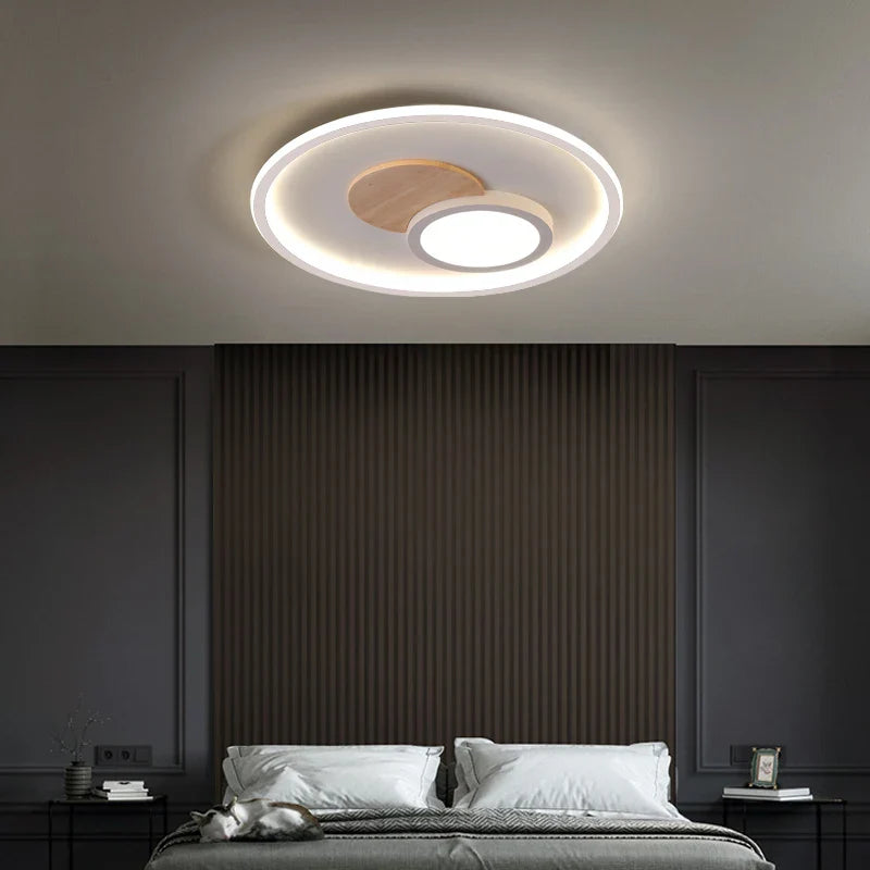 Plafonnier rond moderne en bois véritable avec LEDs décoratives - Éclat Naturel