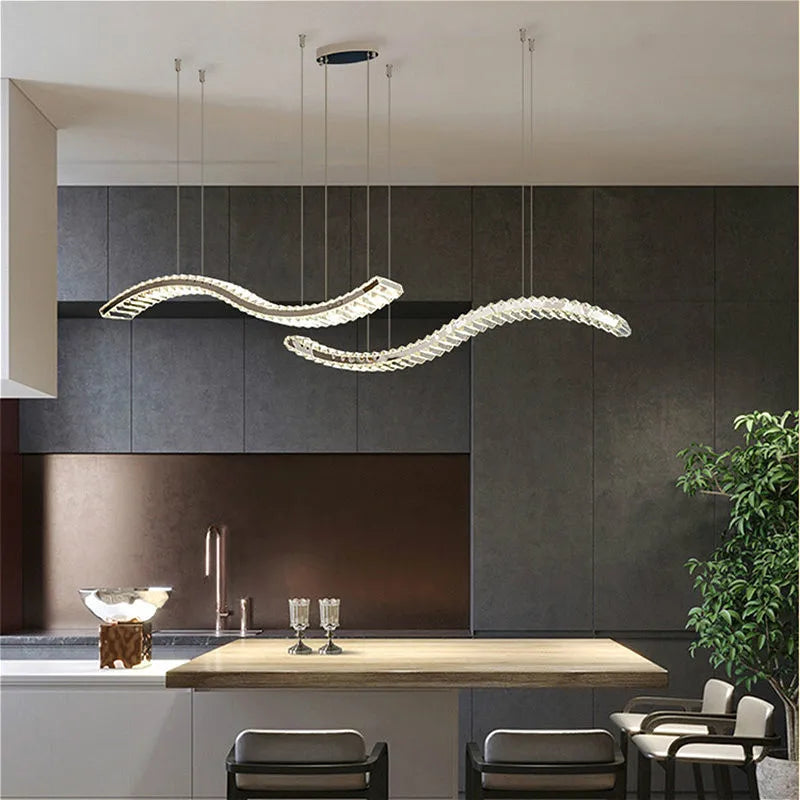 Lustre Moderne en Cristal et Acier Inoxydable - Longue Bande Luxueuse