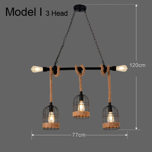 Lustre vintage en corde de chanvre avec abat-jour en fer pour bars et cafés - Style Bohème Industriel