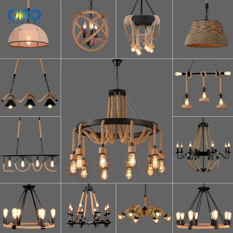 Lustre vintage en corde de chanvre avec abat-jour en fer pour bars et cafés - Style Bohème Industriel