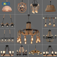 Lustre vintage en corde de chanvre avec abat-jour en fer pour bars et cafés - Style Bohème Industriel