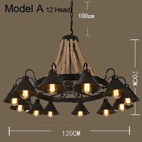 Lustre vintage en corde de chanvre avec abat-jour en fer pour bars et cafés - Style Bohème Industriel