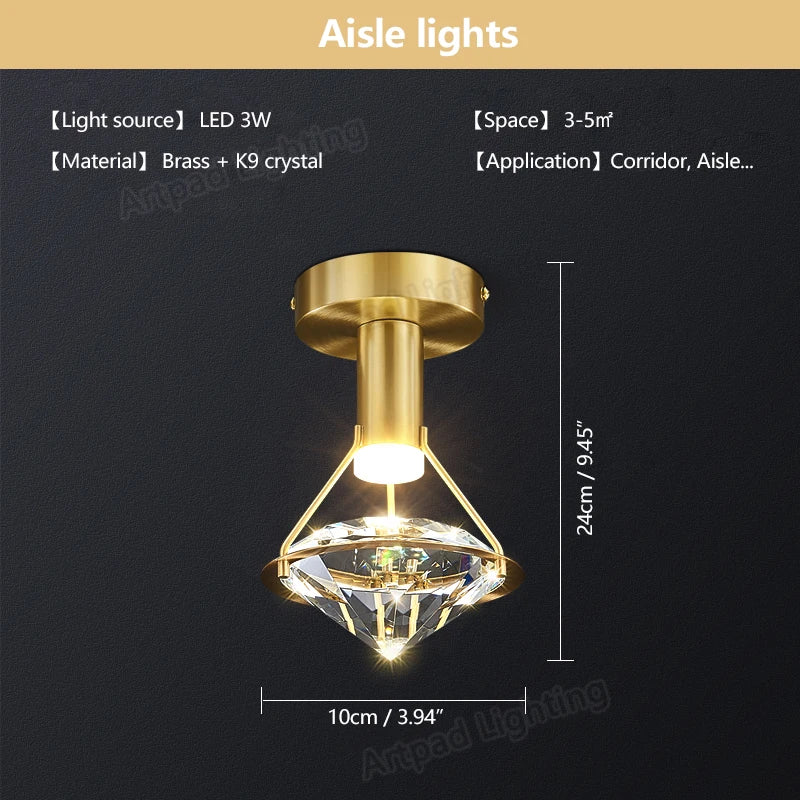 Plafonnier de luxe en cuivre avec luminaire en cristal haut de gamme
