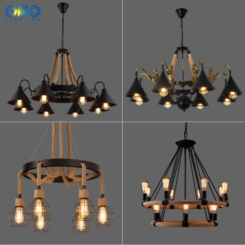 Lustre vintage en corde de chanvre avec abat-jour en fer pour bars et cafés - Style Bohème Industriel