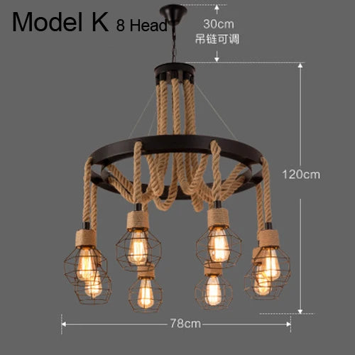 Lustre vintage en corde de chanvre avec abat-jour en fer pour bars et cafés - Style Bohème Industriel