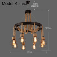 Lustre vintage en corde de chanvre avec abat-jour en fer pour bars et cafés - Style Bohème Industriel