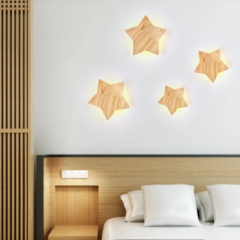Applique murale LED étoile en bois - Design artistique asiatique modernisé
