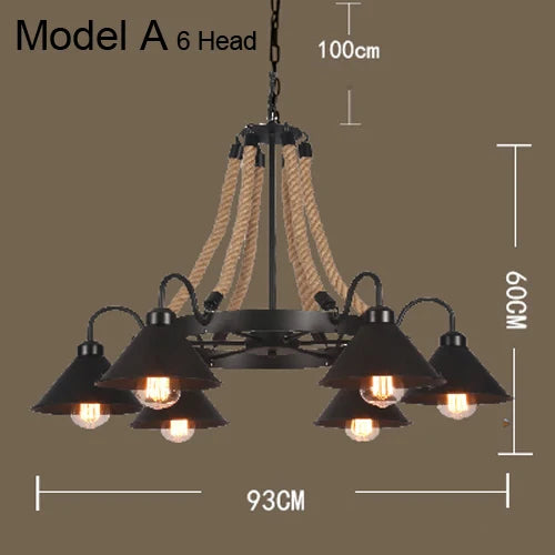 Lustre vintage en corde de chanvre avec abat-jour en fer pour bars et cafés - Style Bohème Industriel