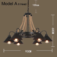 Lustre vintage en corde de chanvre avec abat-jour en fer pour bars et cafés - Style Bohème Industriel