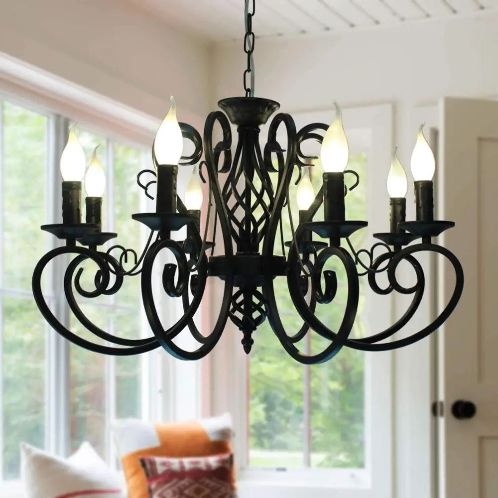 Lustre Vintage en Fer Forgé avec Bougeoirs Métalliques