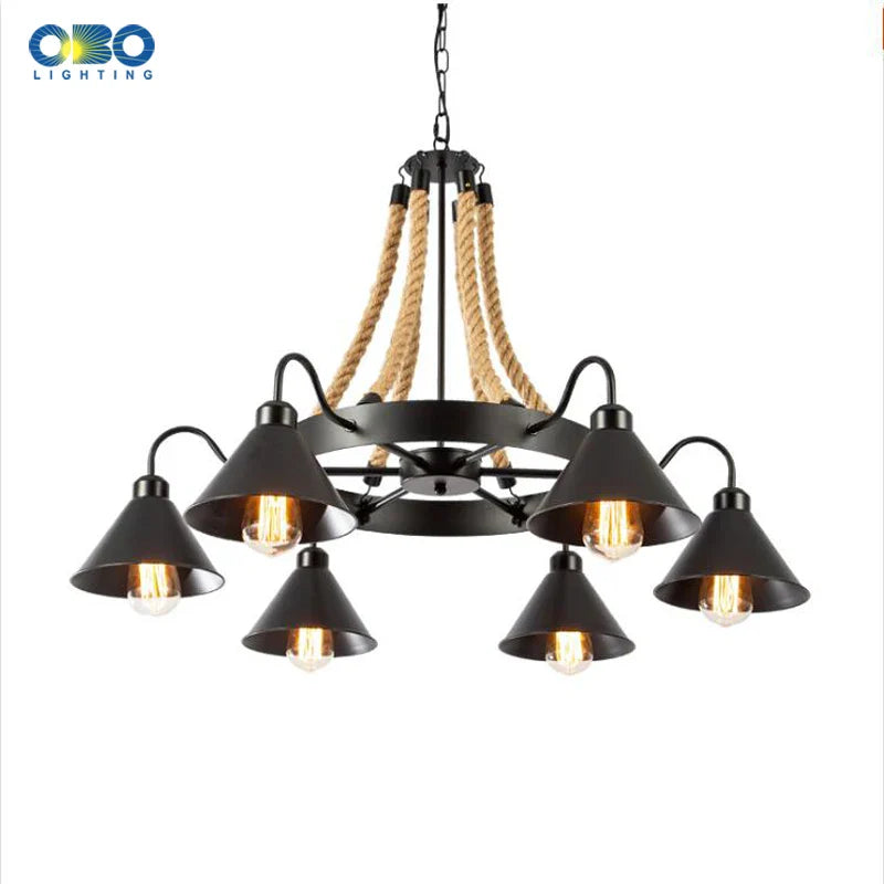 Lustre vintage en corde de chanvre avec abat-jour en fer pour bars et cafés - Style Bohème Industriel