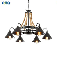 Lustre vintage en corde de chanvre avec abat-jour en fer pour bars et cafés - Style Bohème Industriel