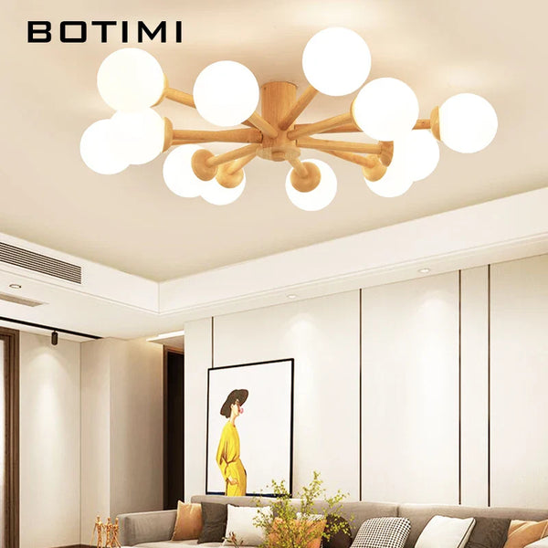 Plafonnier design en bois avec abat-jour en verre