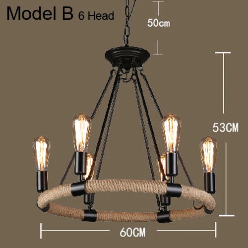 Lustre vintage en corde de chanvre avec abat-jour en fer pour bars et cafés - Style Bohème Industriel