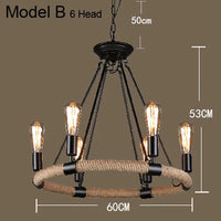 Lustre vintage en corde de chanvre avec abat-jour en fer pour bars et cafés - Style Bohème Industriel