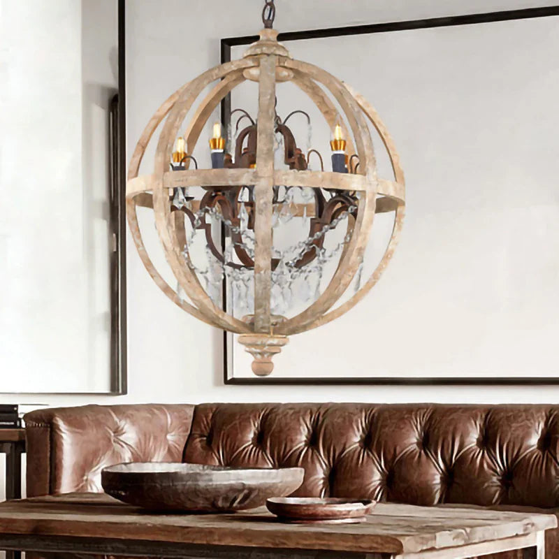 Lustre suspendu en bois massif rétro LED moderne Loft Suspension cristal