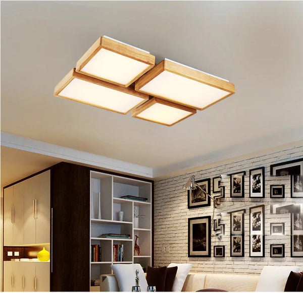 Plafonnier LED carré en bois naturel de style nordique