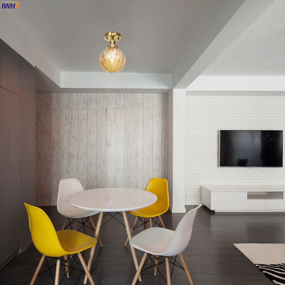 Plafonnier japonais nordique IWHD en cuivre avec boule de verre LED
