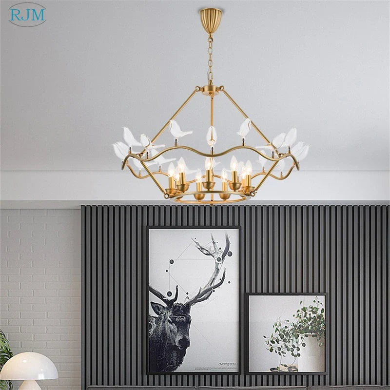 Lustre Nordique Postmoderne en Cuivre avec Design d'Oiseau Créatif - Collection Aviary