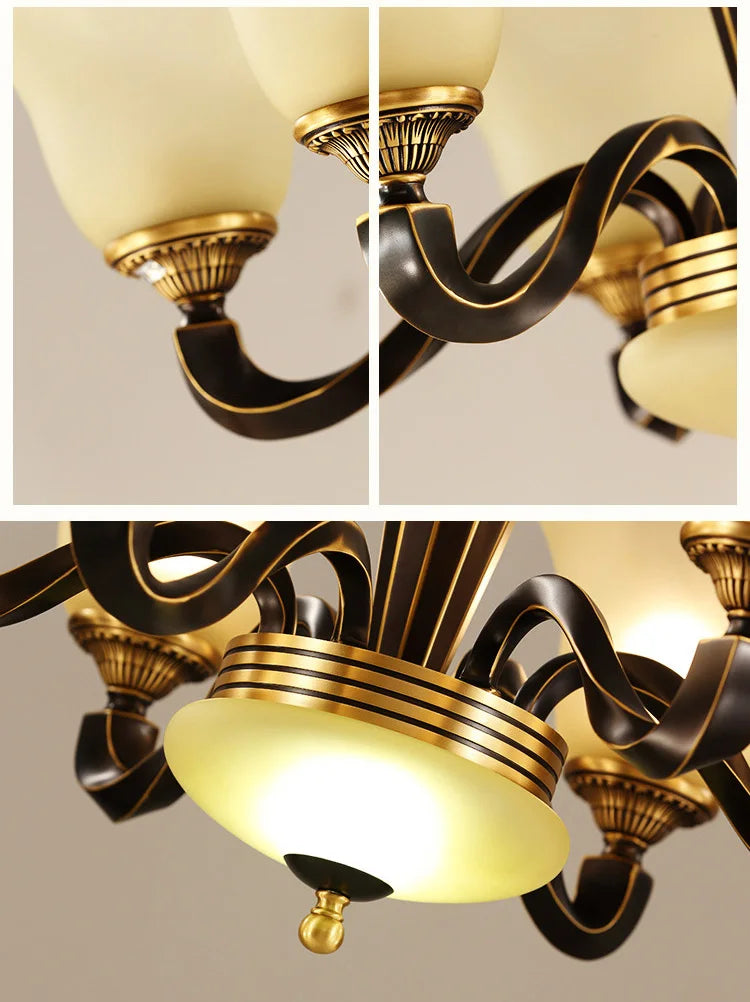 Lustre en cuivre forgé : Éclairage de luxe vintage aux bougies rustiques.