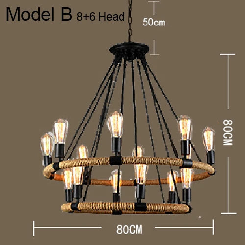 Lustre vintage en corde de chanvre avec abat-jour en fer pour bars et cafés - Style Bohème Industriel