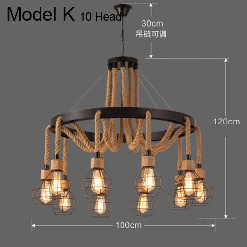 Lustre vintage en corde de chanvre avec abat-jour en fer pour bars et cafés - Style Bohème Industriel