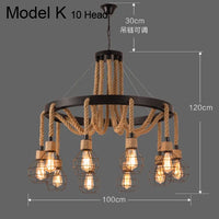 Lustre vintage en corde de chanvre avec abat-jour en fer pour bars et cafés - Style Bohème Industriel