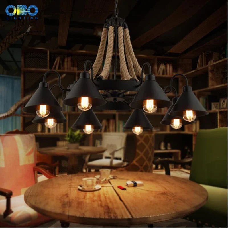 Lustre vintage en corde de chanvre avec abat-jour en fer pour bars et cafés - Style Bohème Industriel