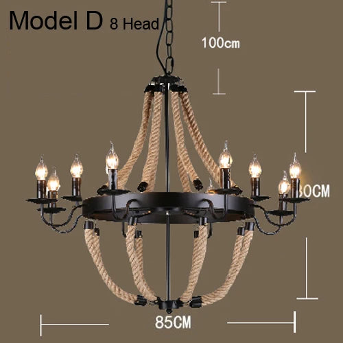 Lustre vintage en corde de chanvre avec abat-jour en fer pour bars et cafés - Style Bohème Industriel