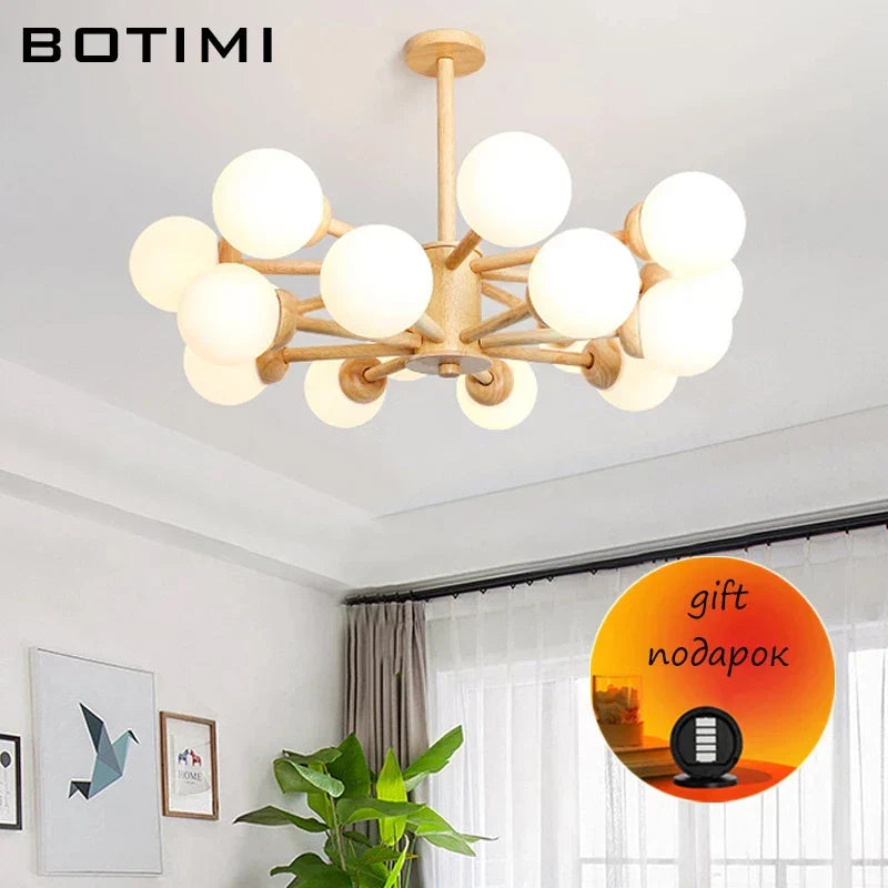 Lustre en Bois et Verre LED pour Salle à Manger et Hall