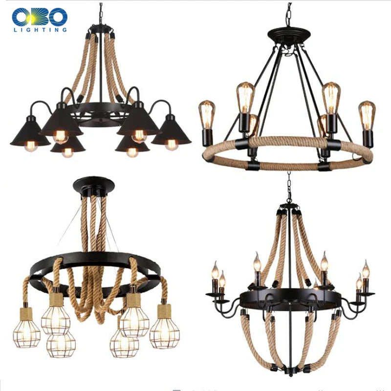 Lustre vintage en corde de chanvre avec abat-jour en fer pour bars et cafés - Style Bohème Industriel