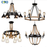 Lustre vintage en corde de chanvre avec abat-jour en fer pour bars et cafés - Style Bohème Industriel