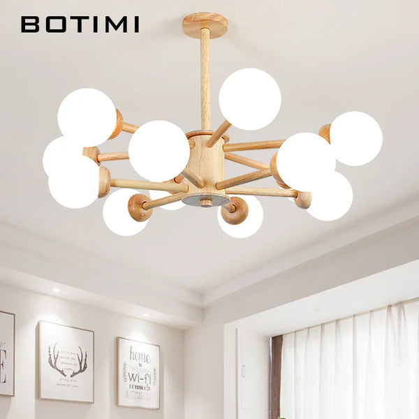 Lustre en Bois et Verre LED pour Salle à Manger et Hall