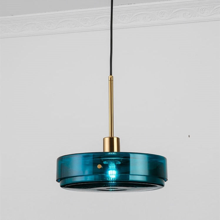 Suspension Harpais en verre bleu.