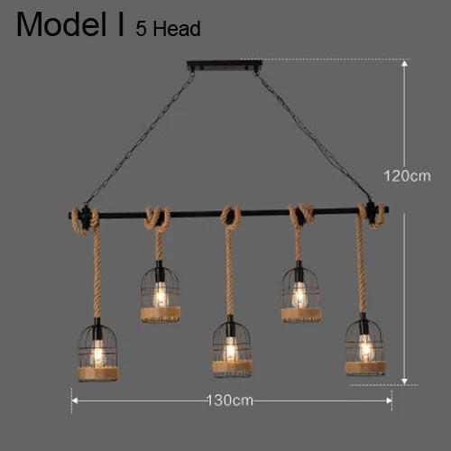 Lustre vintage en corde de chanvre avec abat-jour en fer pour bars et cafés - Style Bohème Industriel