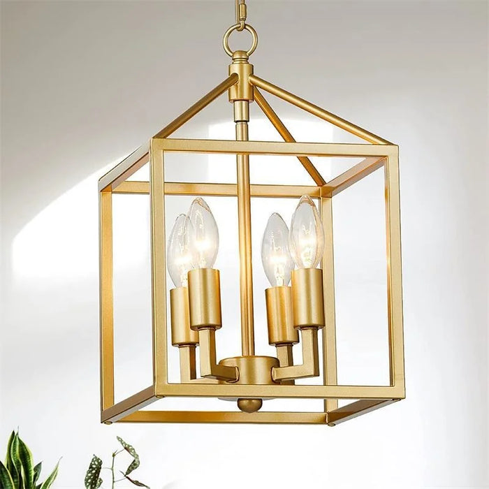 Lustre en fer avec cage à oiseaux et lumières suspendues.