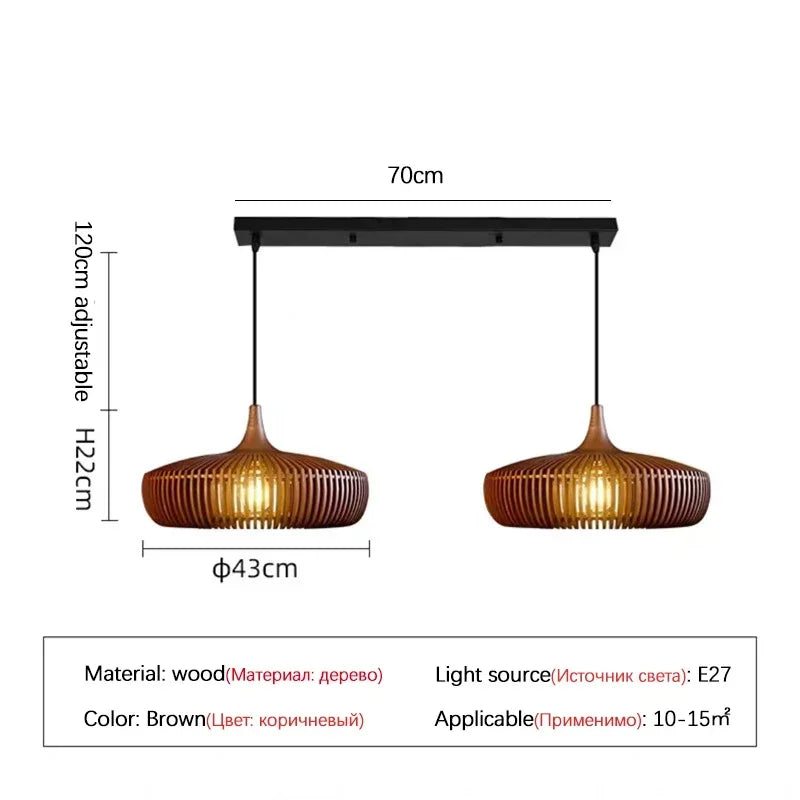 Lustre en bois rond rétro pour table de restaurant avec LED - Style Vintage et Élégance Moderne