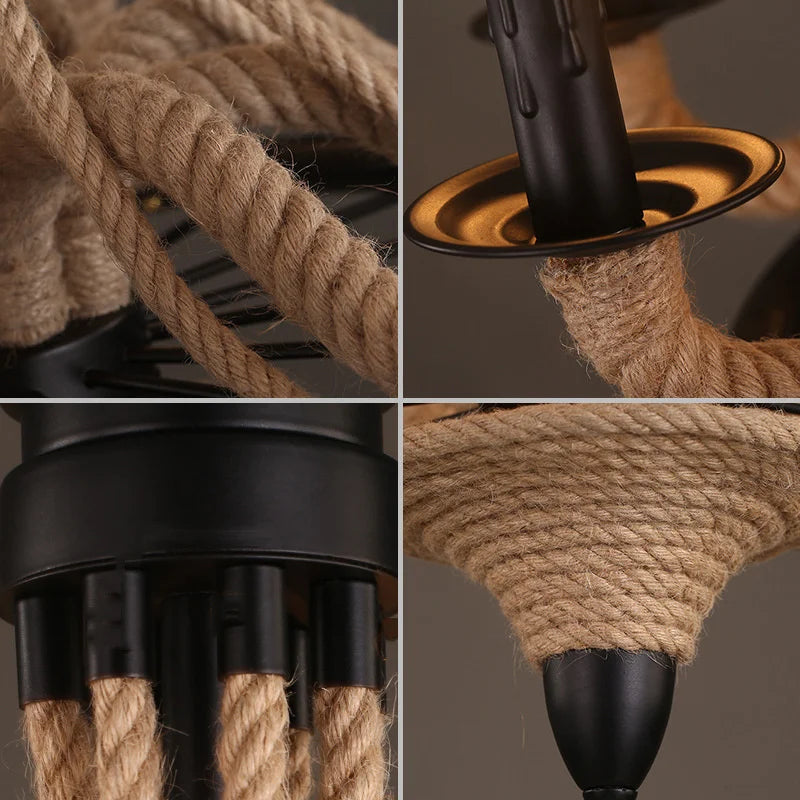 Lustre loft américain en bois et corde de chanvre industrielle