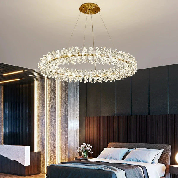 Lustre en cristal Fleur Luminaire de Luxe avec Anneaux Ronds - Collection Élégance Cristalline