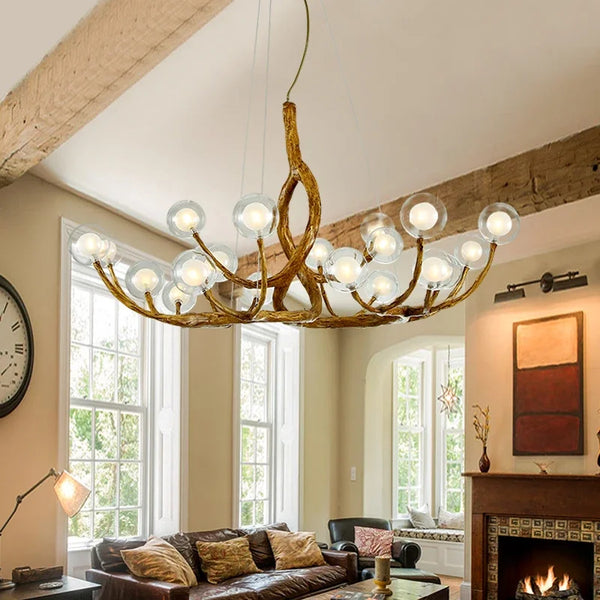 Lustre Nordique Rétro en Verre LED avec Branche d'Arbre - Édition Limitée